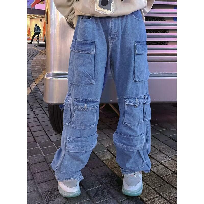 Overall saku Jeans pendek Retro mode jalanan pinggang tinggi multi-saku biru dicuci celana kaki lebar kasual Pasangan Harajuku wanita