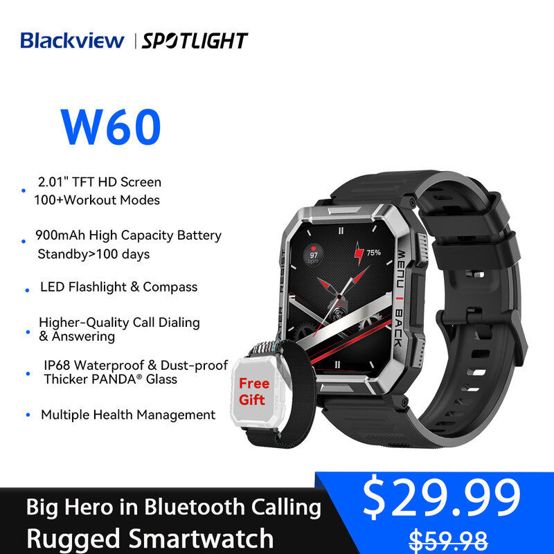 Blackview W60 2024 스마트 워치, 2.01 인치 HD 디스플레이 TFT 견고한 스마트 워치, 야외 비상 조명, 블루투스 통화, 신제품