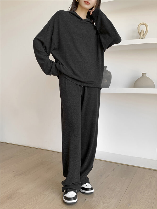 Terno feminino de duas peças com capuz, pulôver de malha, calça de perna larga, suéter esportivo casual, moda em casa, outono, inverno