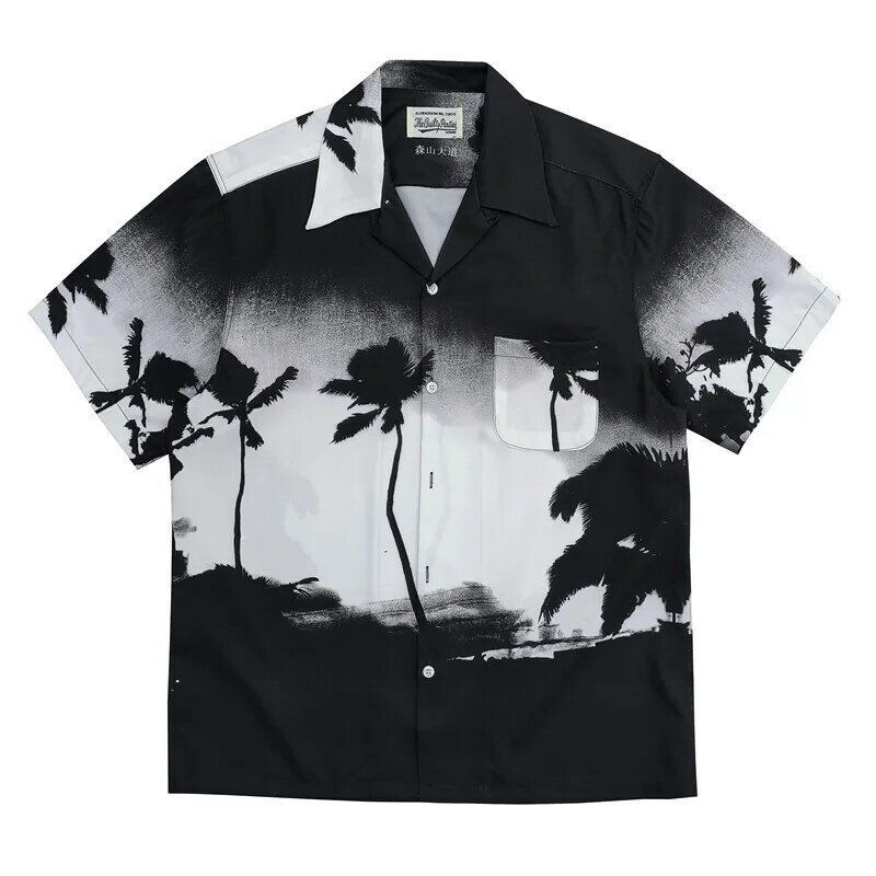 Рубашка гавайская повседневная с коротким рукавом, чёрная футболка с рисунком мягкого кокосового дерева, в стиле кэжуал, лето