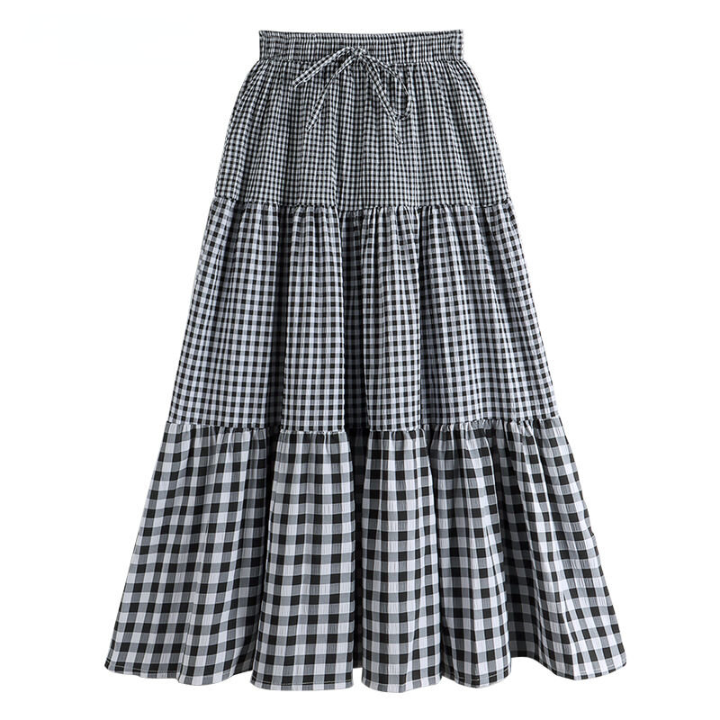 Color Blocking Plaid Design Women's Skirt 2024 Summer New Elastic Waist Long Skirt Korean Fashion Pastoral Style A-line Skirt