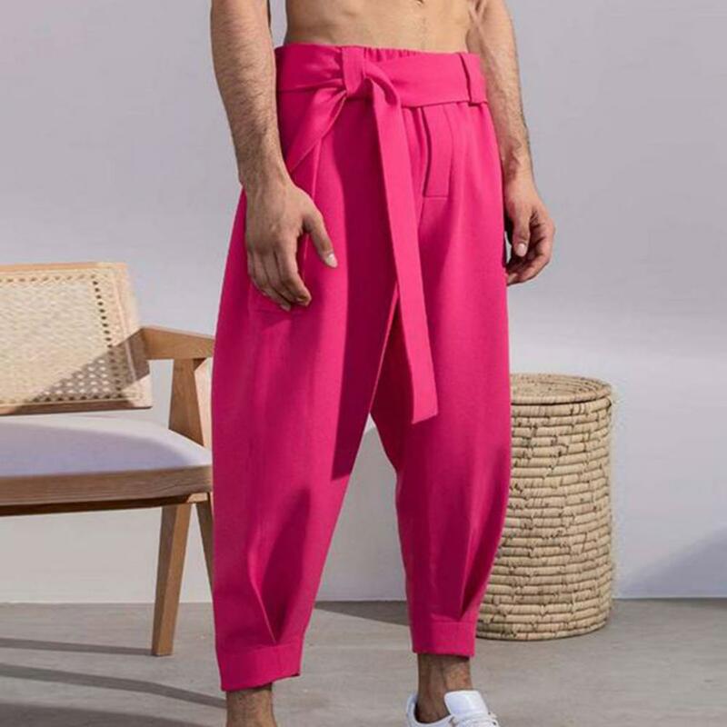Men Pants Pockets Trousers Lace-up Soft Male Trousers Casual Belt Loose Cropped Trousers Men Loose Sweatpants Men's Clothing