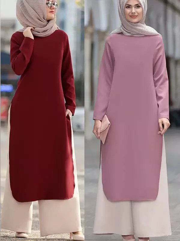 Мусульманское платье-Абая, Длинные Топы, однотонный топ с круглым вырезом и длинным рукавом, в арабском стиле, в дубайском стиле, ИД ранмадан, мусульманская одежда