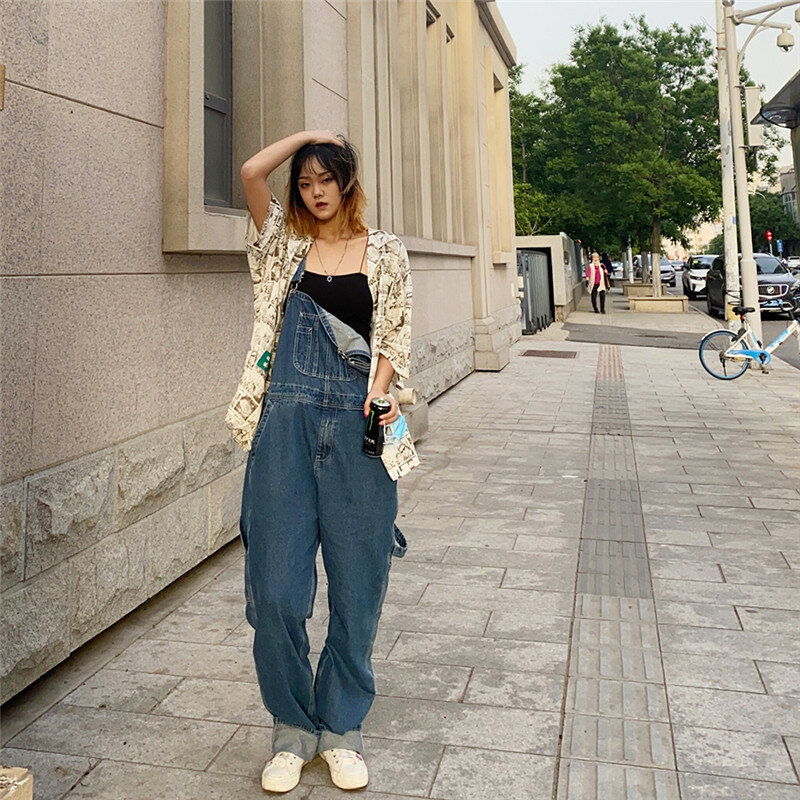 Suspensório jeans de cintura alta feminino, macacão solto, perna reta, calças compridas, adequado para 45-140kg, coreano