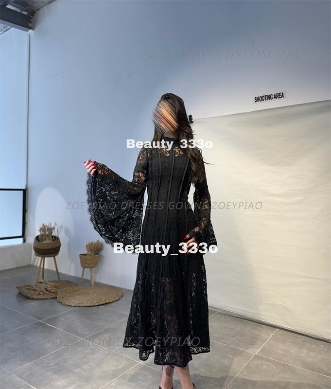 Black Lace High Neck Formal Dubai Prom Dresses A Line Tea Length Formal Party Dress Evening Gowns Custom Women Birthday Gowns