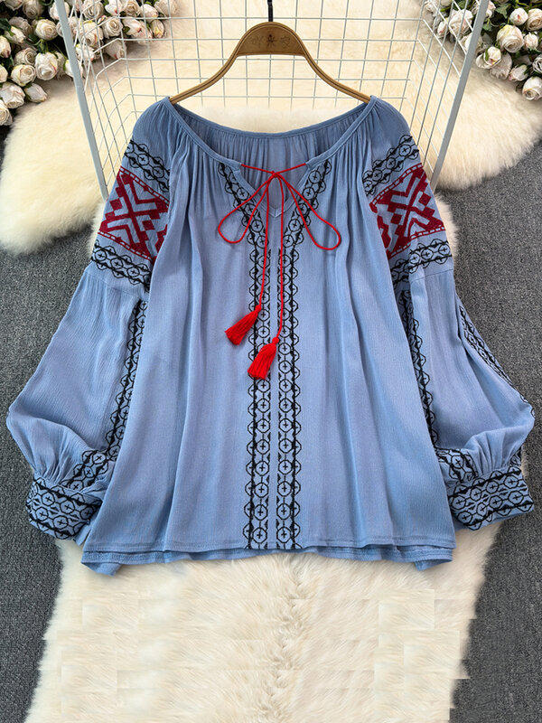Camisa retrô bordada feminina, com renda, borla, mangas soltas de lanterna, blusa estilo étnico, blusa feminina, A46, primavera, 2022