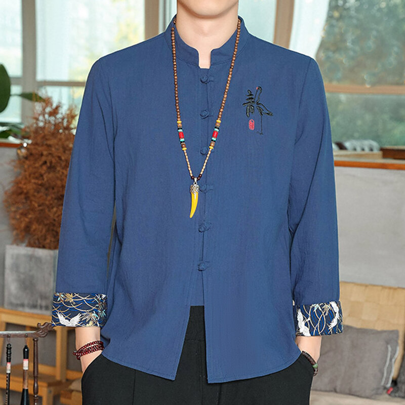 2023 New Chinese Style Stand Collar Tang Suit Linen Short-sleeved Shirt Men's Summer Thin Chinese Style Embroidered Shirt Coat