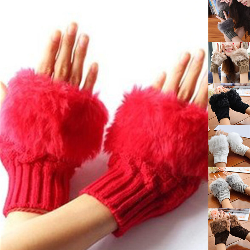 Зимние женские перчатки, Милые Плюшевые Вязаные Качественные теплые модные новые короткие рукавицы без пальцев, полуперчатки для женщин