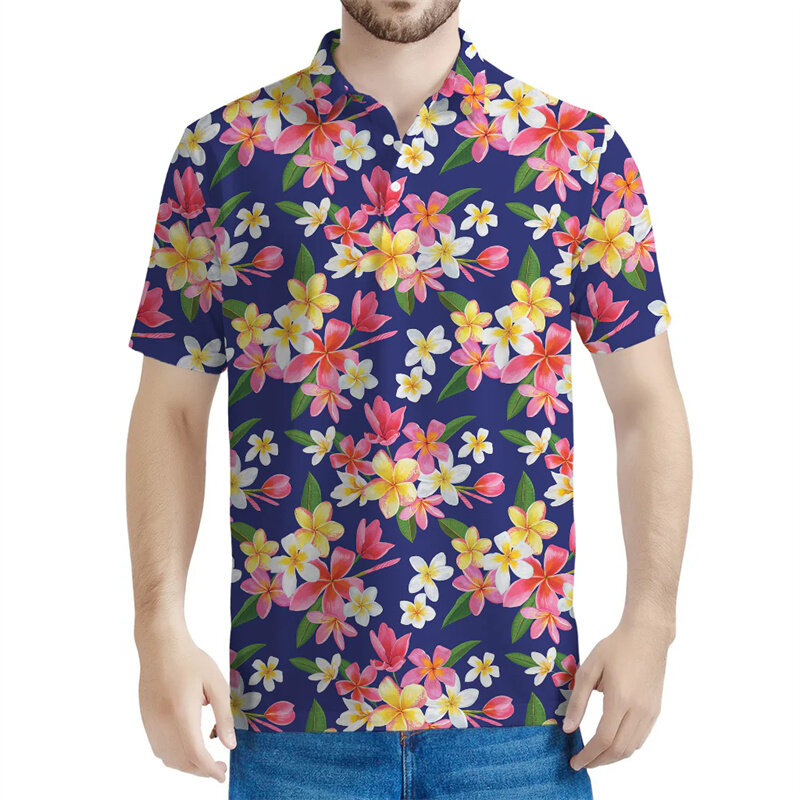 Polo graphique floral Frangipani coloré pour hommes, t-shirt imprimé fleur 3D, manches courtes, été Street At, t-shirts boutonnés
