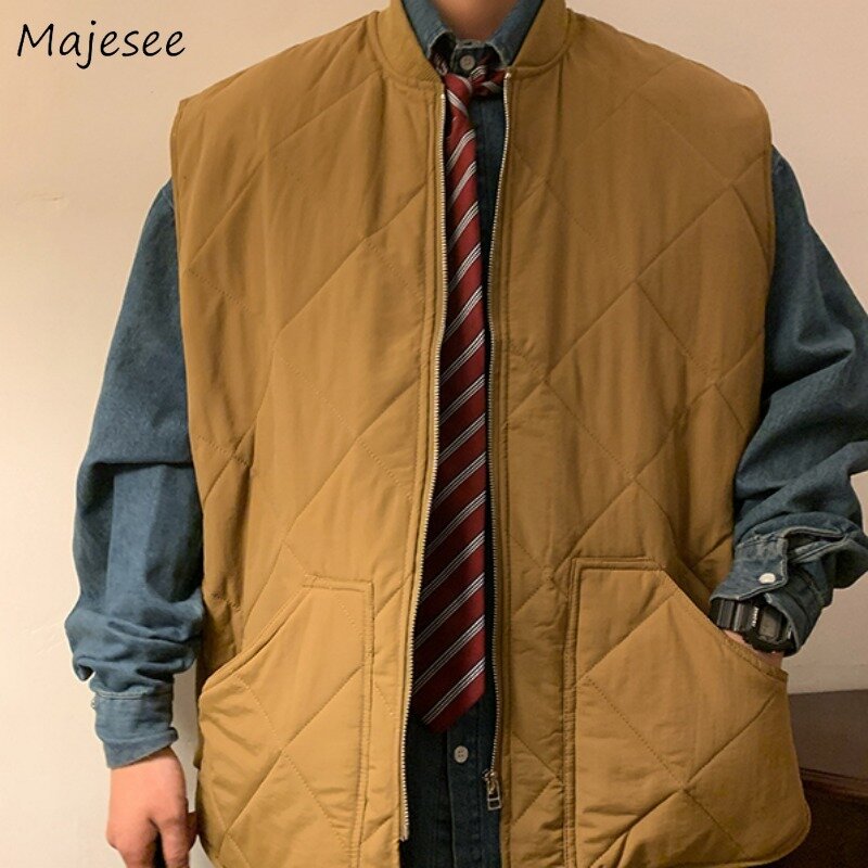 Parka Argyle Jepang untuk pria, pakaian luar longgar kasual atasan polos tanpa lengan mode musim gugur musim dingin untuk pria