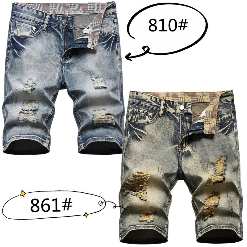 High street hipster men's summer five-cent shorts ripped nostalgic fashion slim jeans  mid-length pants