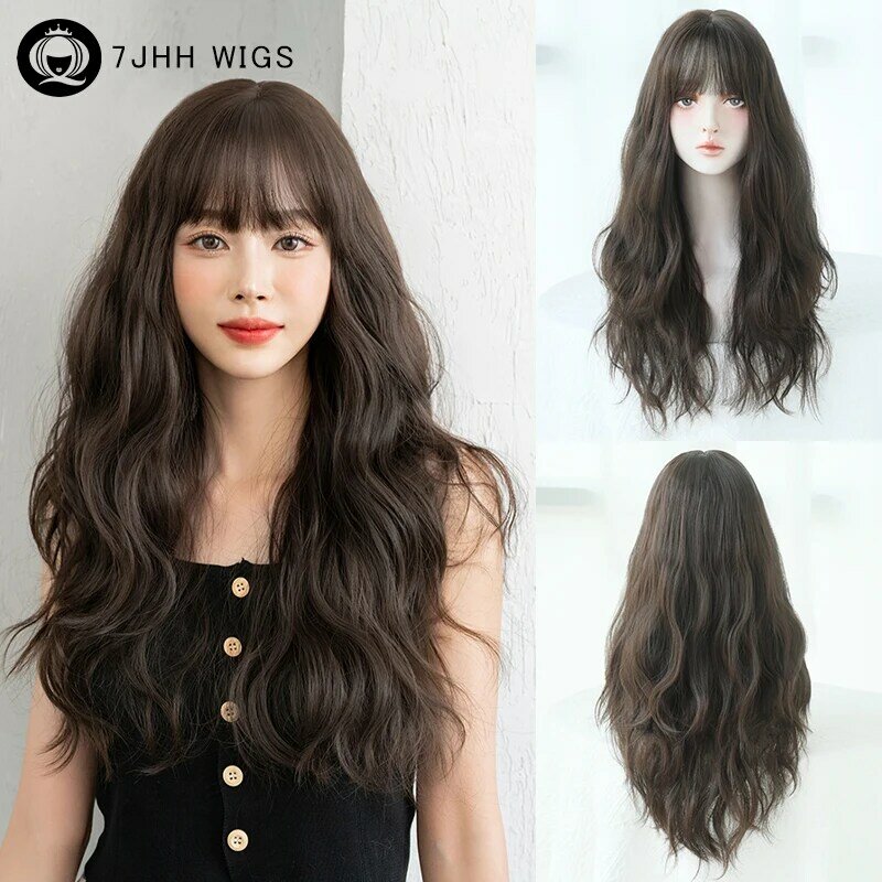 7JHH WIGS Dark Brown Wig Loose Body Wave Chocolate Wigs with Neat Bangs High Density Synthetic Layered Hair Wig for Women Daily
