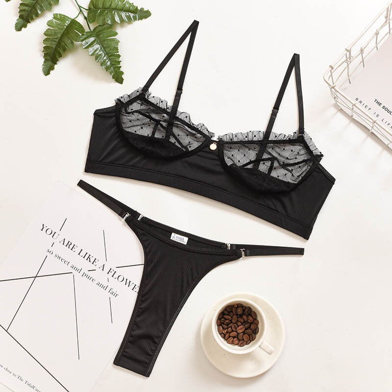 Summer Sexy Transparent Bra Brief Set Erotic Underwear for Women Mesh Patchwork Lingerie Set