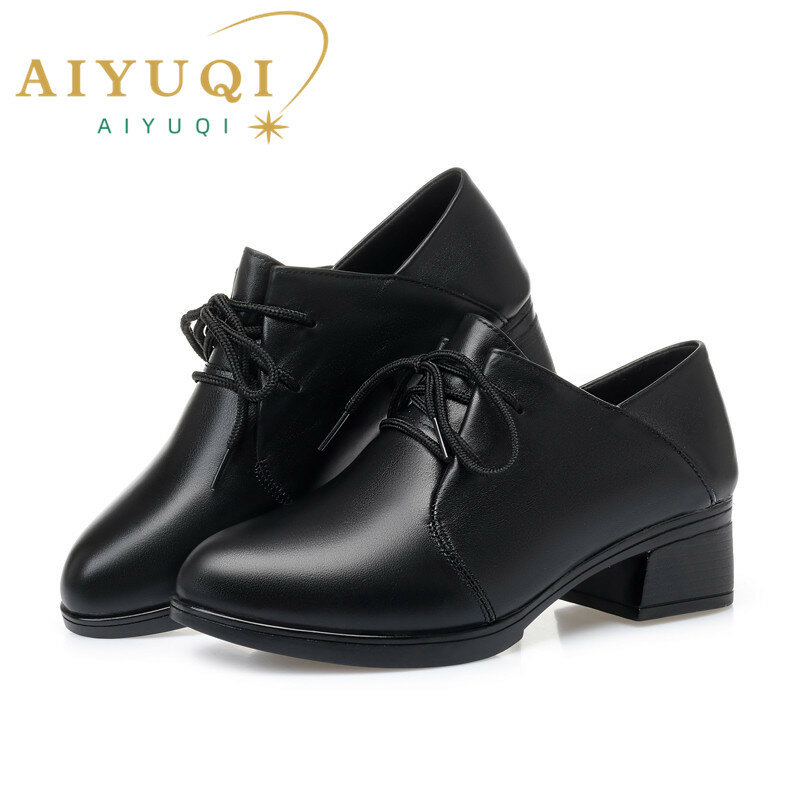 AIYUQI-Sapatos de escritório femininos em couro genuíno, salto alto feminino, com renda, moda, outono