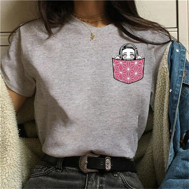 Camiseta feminina Kamado Nezuko estampada, blusa casual unissex de manga curta, camiseta de verão, bolso anime, moda Harajuku, nova
