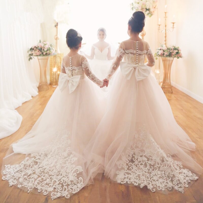 Vestidos de flor branca com arco, tule inchado, flory padrão, casamento, aniversário, banquete, vestidos de primeira comunhão