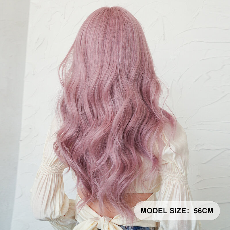 Wig 7JHH, kostum Wig tubuh sintetis bergelombang merah muda, rambut palsu dengan poni, kepadatan tinggi, Wig ungu untuk penggunaan sehari-hari wanita, tahan panas