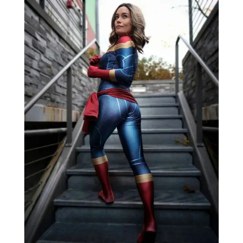 Halloween Carol Danvers Cosplay Fato de super-herói Zentai Suit para mulheres e meninas, bodysuit feminino para adultos e crianças