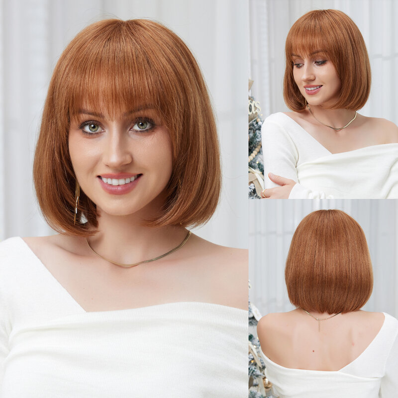 Short Straight Bob Blend Human Hair Copper Brown Hair Wigs with Bangs Machie Made Blend Remy Hair for Women Daily Heat Resistant