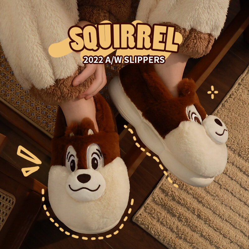 Cute Squirrel Cotton Slippers For Women 2023 Winter Cartoon Indoor Home Slipper Couple Over Heel Cotton Shoes For Man