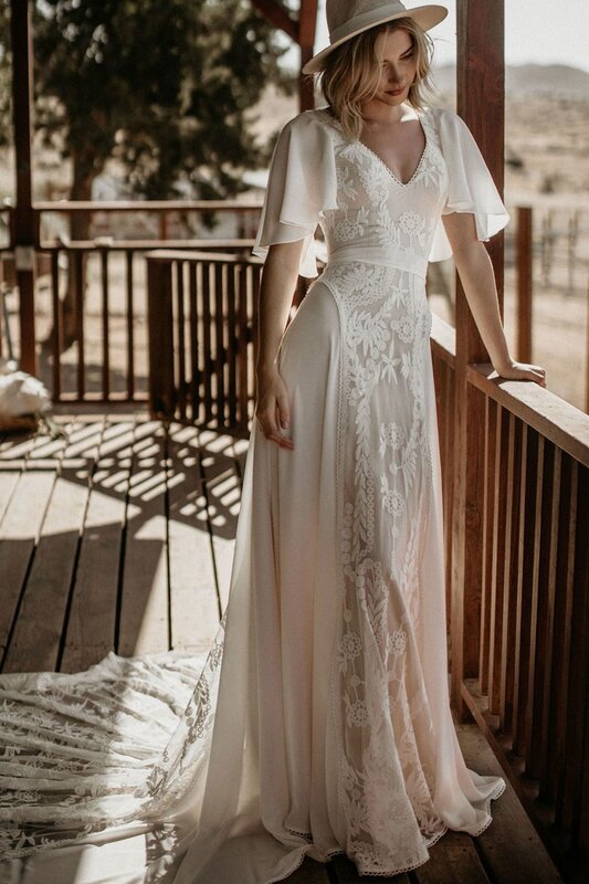 Robes de mariée sirène dos nu Boho, robe de mariée bohème, dentelle, col en V profond, vintage, photo réelle