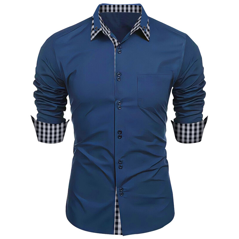 Spring and Fall 2024 new men's double lapel double breasted button slim top Men's fashion patchwork solid color high street shir