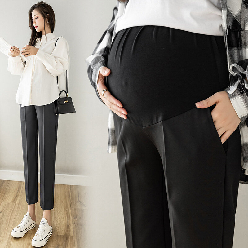 Celana kerja ibu hamil, celana kehamilan ekstender pakaian kantor celana panjang mode pengatur baju promim