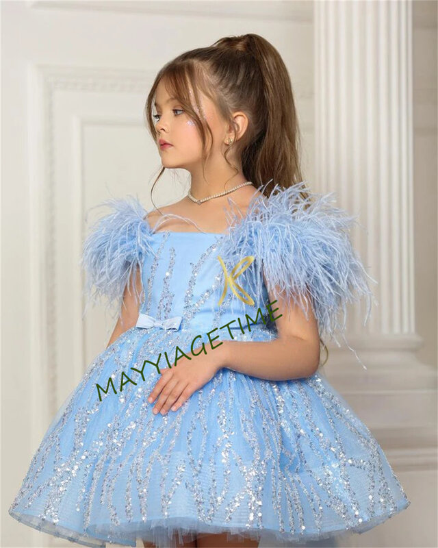 Feather Girl Dresses Champagne Boat Neck Spark Flower Girl Dress Knee Length Girl Party Dress Kid Gown First Communion