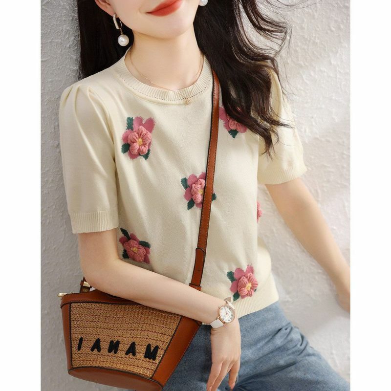 Jerseys de cuello redondo para mujer, versátil holgada de manga corta Camiseta de punto con flores en 3D, novedad de verano 2024