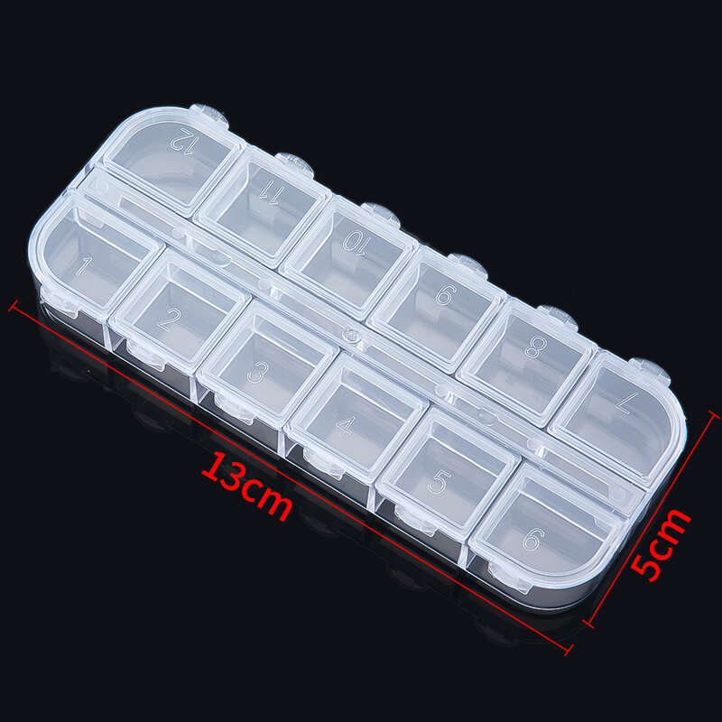 Portable Plastic Storage Containers Box, Medicine Pills Storage Organizer, Embalagem de Jóias para Brincos e Anéis, 12 Grades, 13x5cm, 1Pc
