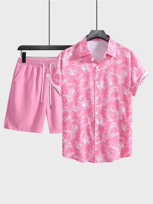 Kemeja Hawaii pria, Hawaii dan pendek 2 potong pakaian set kasual kancing bawah lengan pendek pantai kemeja bunga merah muda dengan celana pendek