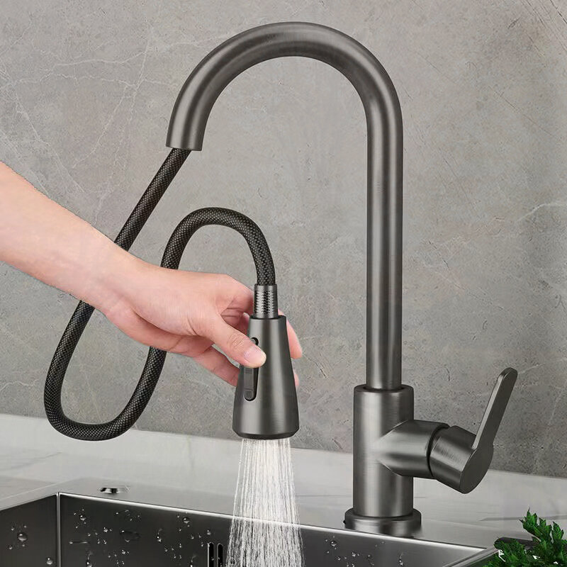 Maniglia a 2 modalità Pull rubinetti per lavello a prova di schizzi rotanti a 360 ° rubinetti da cucina in acciaio inossidabile freddo e miscelatore a caldo One-click Water Sto