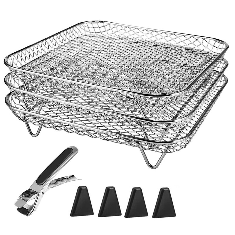 Stainless Steel Air Fryer Rack With Clip, Square Stackable Baking Basket Multi-Layer Dehydrator Rack Air Fryer Parts