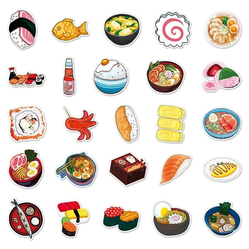Autocollants de nourriture japonaise de dessin animé, graffiti, imperméable, créatif, réfrigérateur, planche à roulettes, voyage, boîte, décoration, 50 pièces