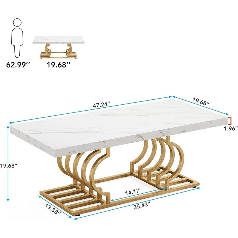 Современный журнальный столик, 47 дюймов центральный столик из искусственного мрамора с геометрической рамой, прямоугольный центральный журнальный столик, мебель для гостиной