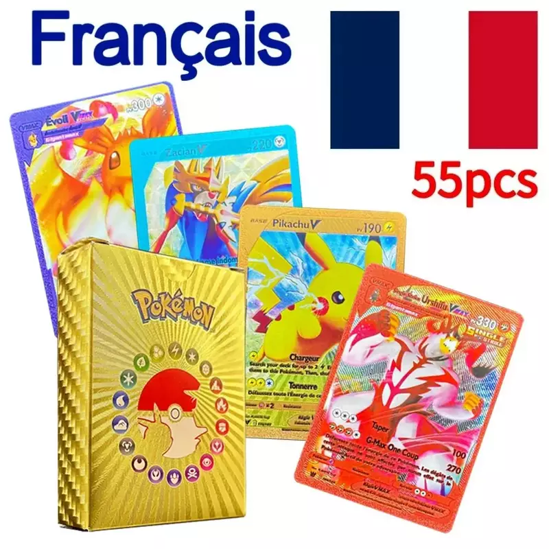 การ์ดสะสมลายโปเกมอนสีสันสดใส3D ทอง55ชิ้นการ์ดสำหรับสะสมลาย Pikachu Arceus รุ้งภาษาอังกฤษฝรั่งเศสสเปนดาว GX VMAX