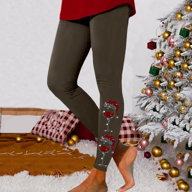 Leggings femininas estampadas para Natal, treino casual, macio, elástico, calças de cintura alta, calças de bloco colorido
