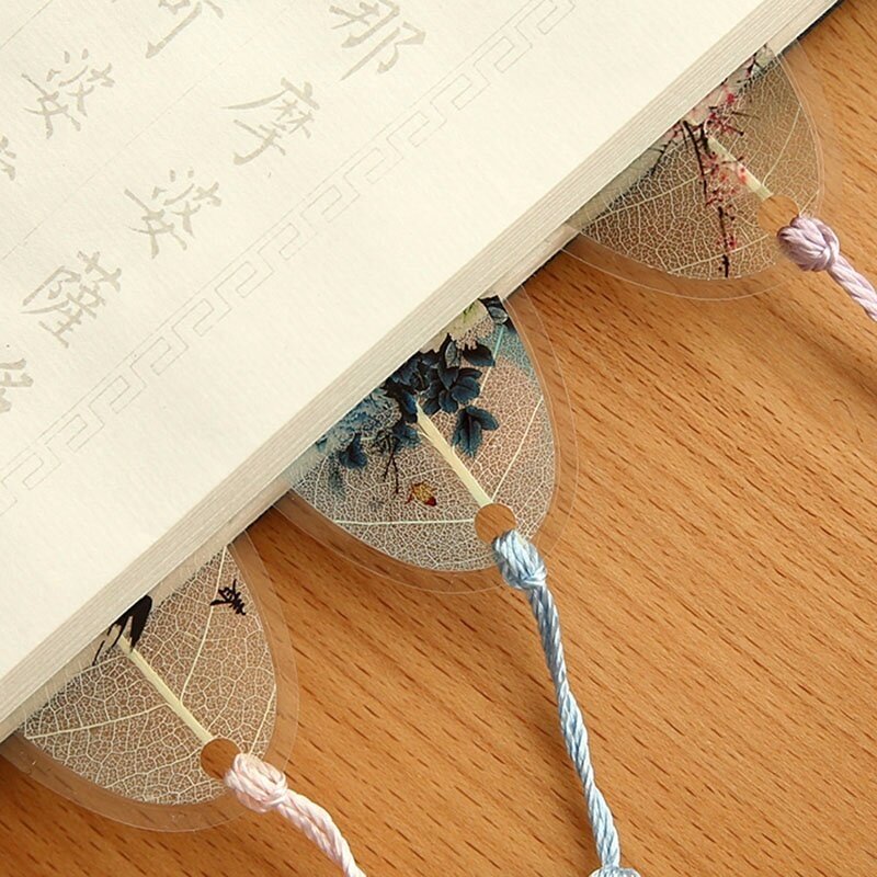 Classical elegante Tassel Bookmark, Vento chinês Natural Collectibles, Folhas Veia Bookmarks, Papelaria escola, Clássico, 2pcs
