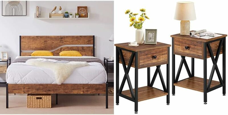 VECELO Full Size Platform Bed Frame with Rustic Vintage Wood Headboard and Nightstands Set, Strong Metal Support