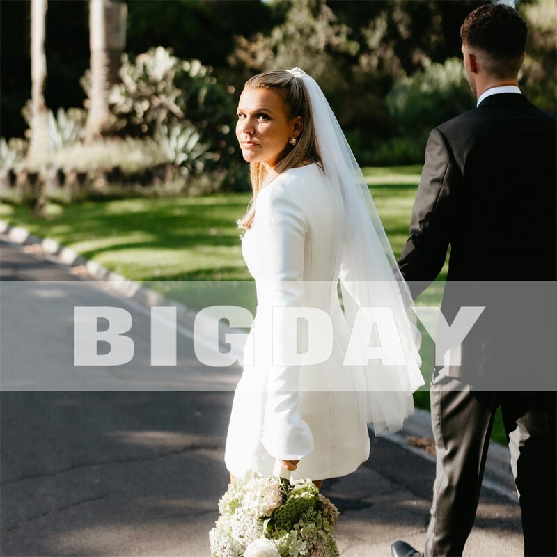 Элегантное короткое свадебное платье 2024 с длинным рукавом и круглым вырезом, атласное простое свадебное платье на молнии сзади с пуговицами, платья выше колена