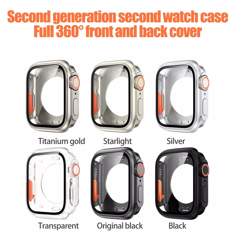 Cambiar a Ultra 360 funda completa para Apple Watch, Protector de pantalla de vidrio templado para IWatch 8, 7, 6, SE, 5, 4, 45mm, 41mm, 44mm, 40mm