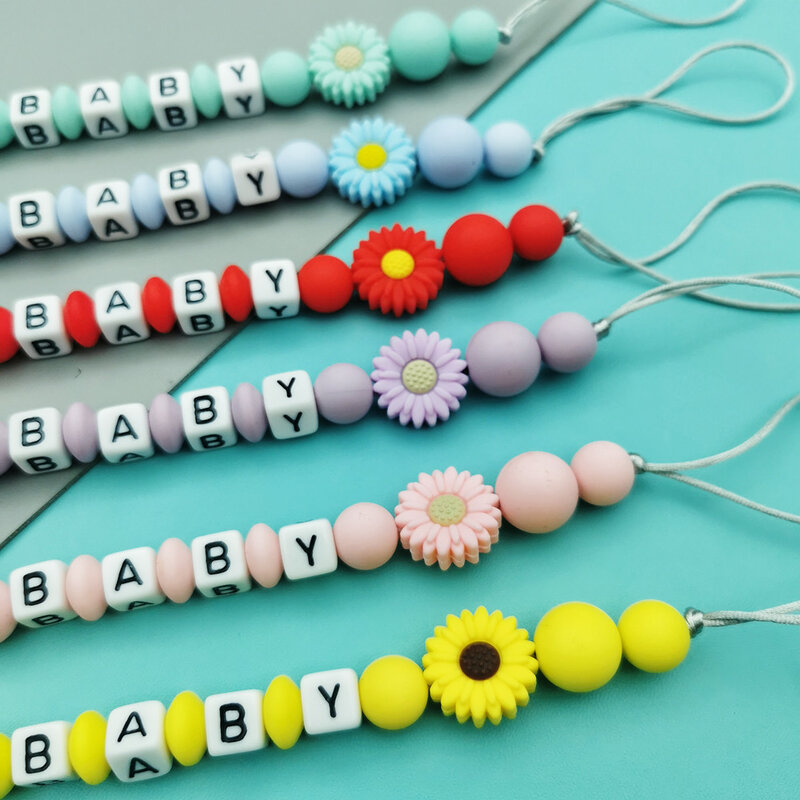 Custom English Russian Acrylic Letter Name Silicone Flower Beads Baby Pacifier Chain Clip Teether Pendant Kawaii Baby Toy Gifts
