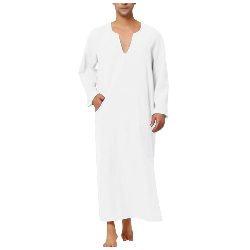Men Thin Solid Casual Loose Muslim Robes Shirts Summer Long Sleeve V Neck Robe Islamic Saudi Arabia Malaysia Kaftan Muslim Abaya
