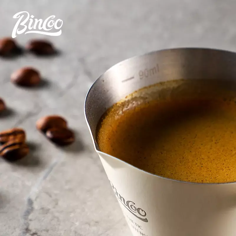 Bincoo gelas ukur Espresso, pegangan kayu baja anti karat cangkir susu kecil dengan timbangan kopi cangkir ekstraksi cair