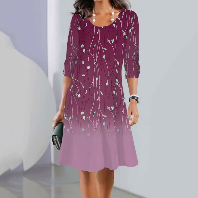 여성용 캐주얼 패션 프린트 컬러 단추 크루넥 긴팔 셔츠 미디 드레스, 캐주얼 여름 잎 드레스, 2023 가을