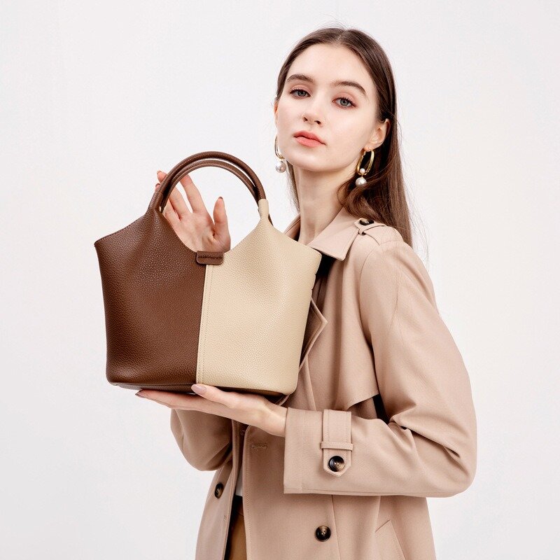 Neue Kontrast Umhängetasche Einkaufstasche Leder handtasche Damen Tasche breite Schulter Klassiker mit Achsel Taschen vielseitig