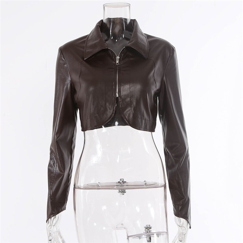 Top corto de cuero sintético para mujer, chaquetas negras de manga corta holgadas, ropa de calle elegante con solapa y botones de Metal, color marrón