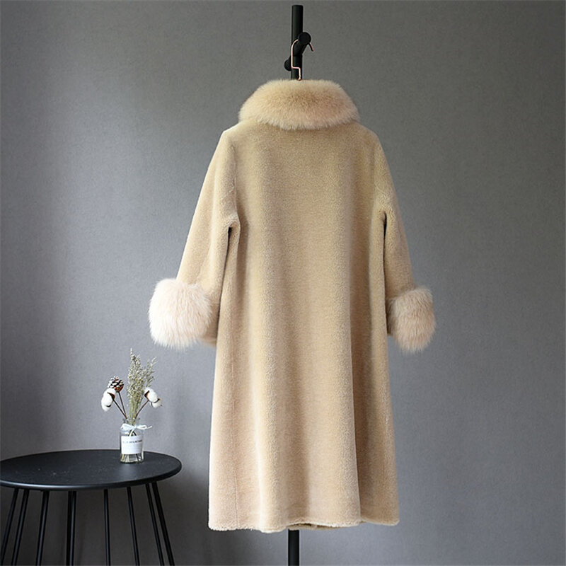FURYOUME Mantel Wol 100% Wanita Musim Dingin Jaket Bulu Asli Alami Pakaian Luar Hangat Kerah Bulu Rubah Mantel Wanita Panjang Lengan Penuh