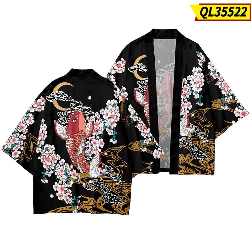 Summer Cartoon Carp Floral Printed Kimono Cropped Pants Set Women Men Japanese Haori Asian Streetwear Cardigan Yukata Cosplay