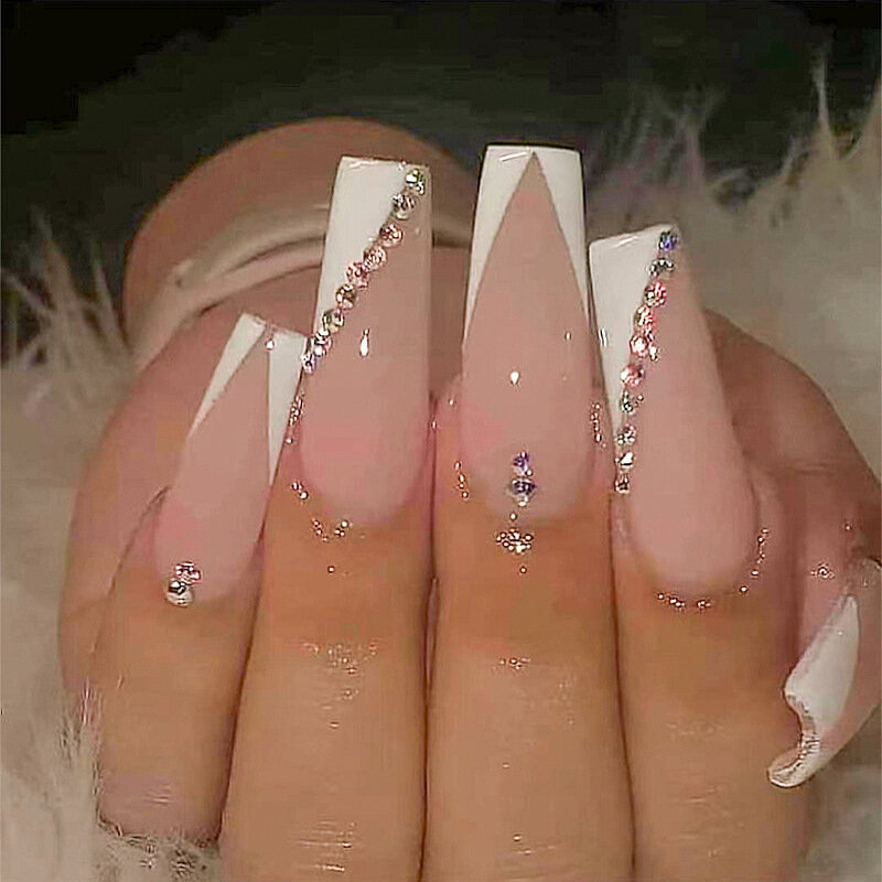 Бриллиантовая пудра, Геометрические линии, накладные ногти, подходящие к цвету, Длинные балетные французские дизайнерские ногти, простые накладные ногти